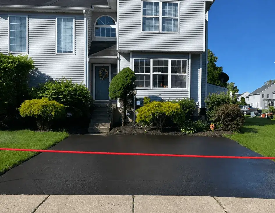 Freshly sealcoated residential driveway with clean edges along the lawn